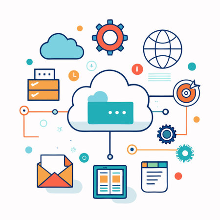 Cloud computing illustration with icons for data, network, security, and more.