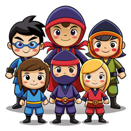 Five cartoon ninja kids in colorful costumes smiling.のイラスト素材