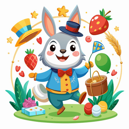Cute bunny juggling a hat, strawberry, and a bucket.のイラスト素材