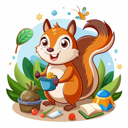 Cute cartoon squirrel holding a bucket of nuts in a forest setting.のイラスト素材