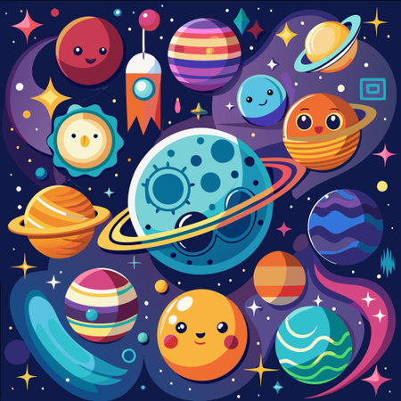 Colorful planets and stars in a galaxy with smiling faces.