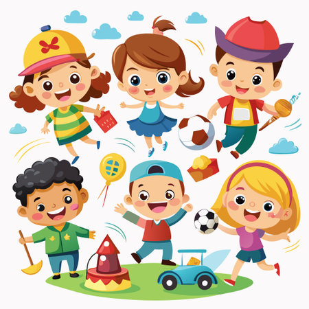Six happy children are playing with various toys outdoors.のイラスト素材