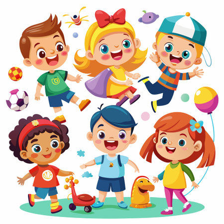 Group of happy kids playing outdoors with toys.のイラスト素材