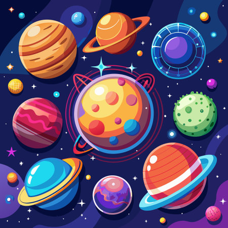 Colorful Planets in Space with Rings and Stars.