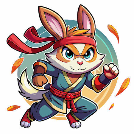 Cartoon bunny with red headband running with clenched fist in a blue karate gi.のイラスト素材