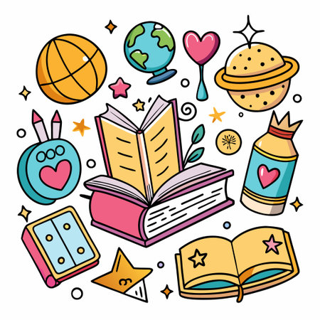 Colorful doodle icons on a white background, featuring a book, ball, star, globe, and planets.のイラスト素材