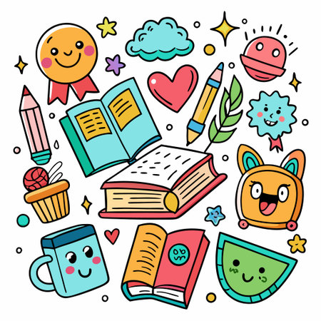 Cute cartoon doodle school supplies.のイラスト素材