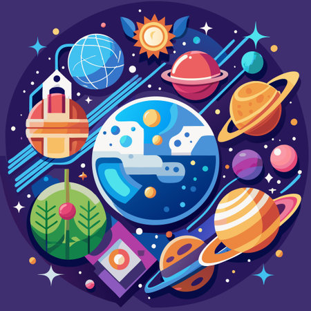 Colorful space illustration with planets, stars, and a sun.