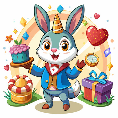 Cute bunny holding cake and gifts with happy expression.のイラスト素材