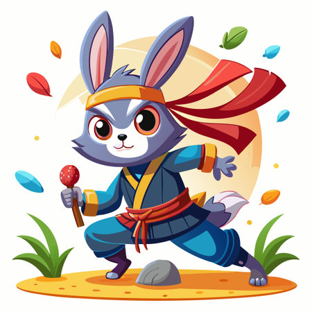 Cute bunny warrior with a red ribbon and a stick in his hand.のイラスト素材