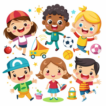 Six diverse happy cartoon children playing outside with toys and sports equipment.のイラスト素材