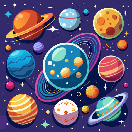 Colorful planets and stars in a galaxy with rings, orbiting in a dark blue space.