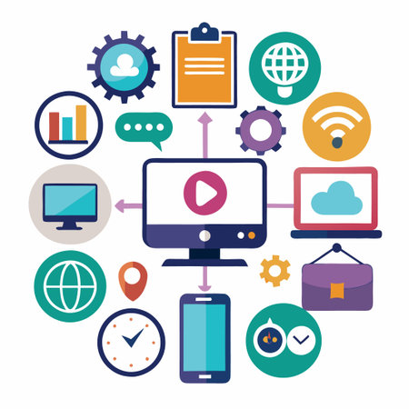 Computer connected to internet, phone, and laptop for digital communication.のイラスト素材