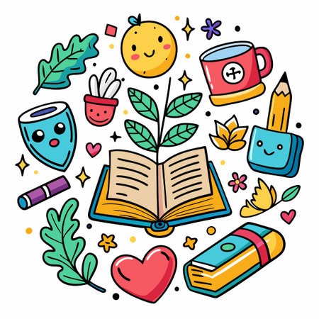 Cute doodle illustration of colorful book, hearts, and leaves.のイラスト素材