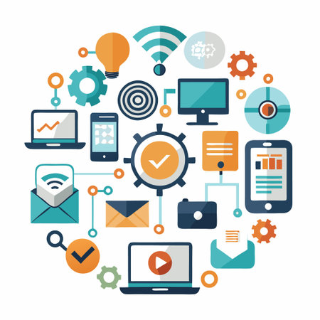 Connected devices and icons arranged in a circle representing workflow.のイラスト素材