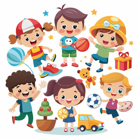 Happy children playing with toys and having fun.のイラスト素材