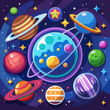 Colorful planets and stars in a galaxy.のイラスト素材