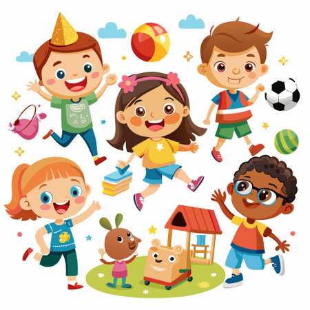 Happy kids playing together outdoors with various toys and a birthday hat.のイラスト素材