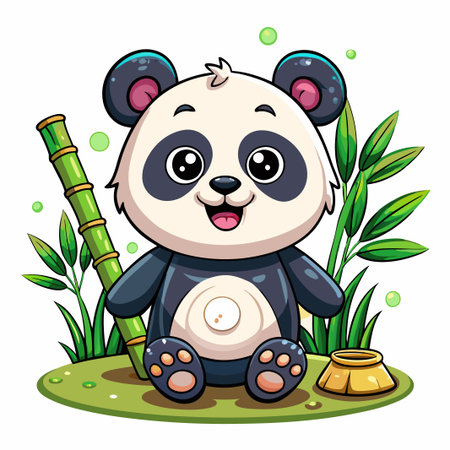 Cute panda sitting on grass with bamboo.のイラスト素材