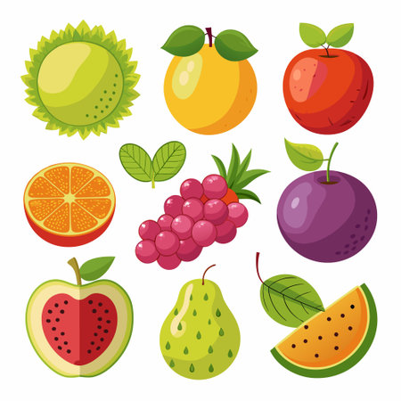 Cute bright colors of fruits vector collections. Set of fruits are apple, lemon, banana, orange, pear, pineapple, grapes, cherries, strawberry, and blueberriesのイラスト素材
