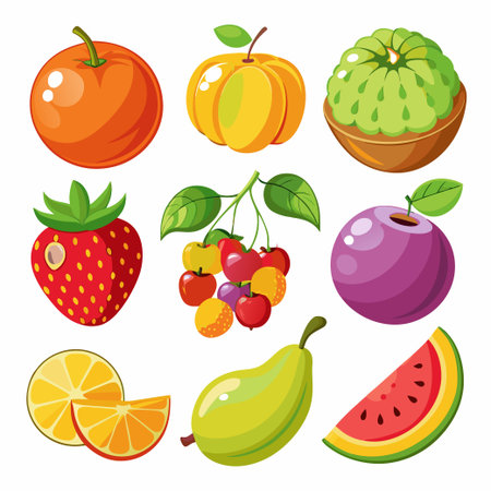 Cute bright colors of fruits vector collections. Set of fruits are apple, lemon, banana, orange, pear, pineapple, grapes, cherries, strawberry, and blueberriesのイラスト素材