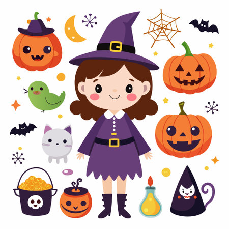 Happy Halloween. Set of cute cartoon children in colorful halloweenのイラスト素材