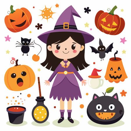 Happy Halloween. Set of cute cartoon children in colorful halloweenのイラスト素材