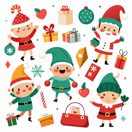 Christmas vector stickers. Set of outline Cristmas icons. Vector Illustrationのイラスト素材