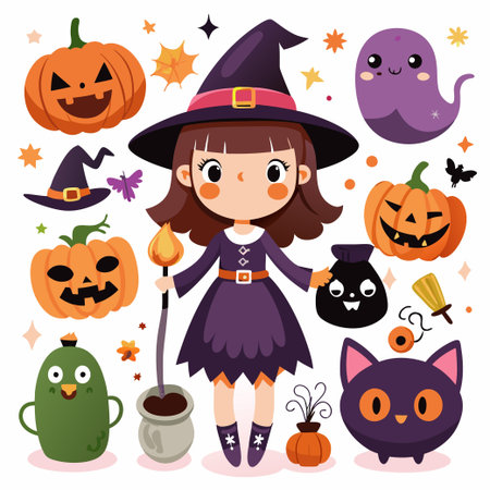 Happy Halloween. Set of cute cartoon children in colorful halloweenのイラスト素材