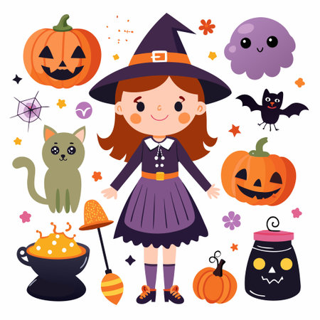Happy Halloween. Set of cute cartoon children in colorful halloweenのイラスト素材