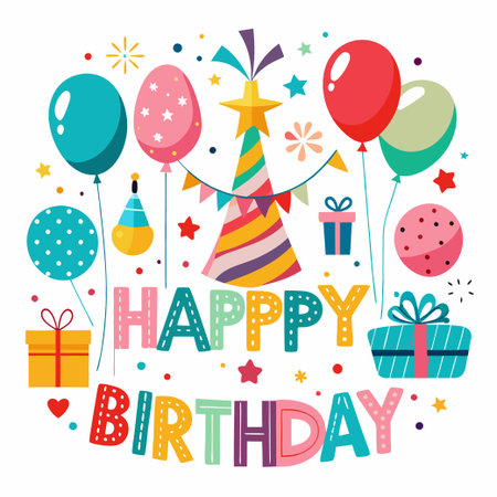 Hand drawn happy birthday lettering with confetti, caps on white background.のイラスト素材