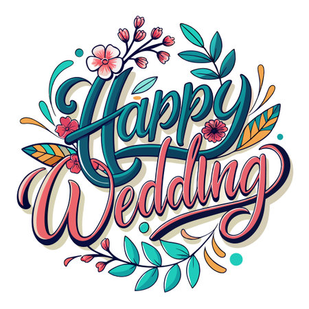 Happy wedding lettering collections. Wedding lettering. Greetings lettering setのイラスト素材