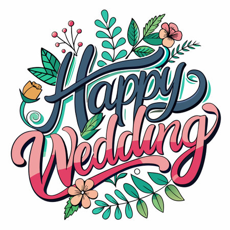 Happy wedding lettering collections. Wedding lettering. Greetings lettering setのイラスト素材