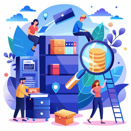 serch for files. File browser, document management app. Searching image and video contentのイラスト素材