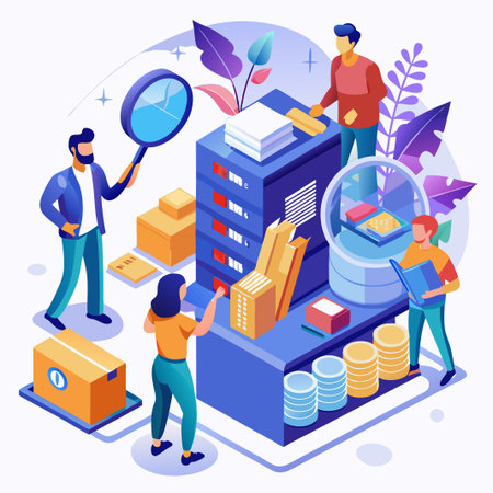 serch for files. File browser, document management app. Searching image and video contentのイラスト素材