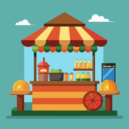 Colorful food cart with striped awning, drinks, and fresh produce.のイラスト素材