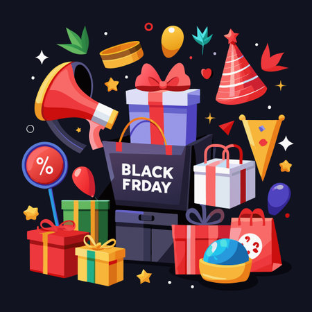 Festive Black Friday sale with gifts and confetti.のイラスト素材