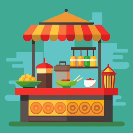 Colorful street food stand with red awning, yellow and orange fruit, and a red lantern.のイラスト素材