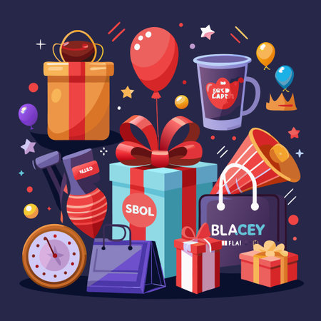 Colorful celebration with gift boxes, balloons, confetti, and party supplies.のイラスト素材