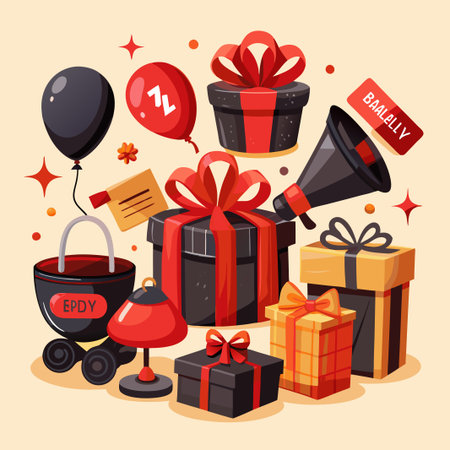 Colorful gift boxes, balloons, megaphone, and a lamp on a cream background.のイラスト素材