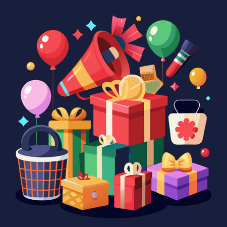 Colorful birthday party supplies including gift boxes, balloons, and a megaphone.のイラスト素材