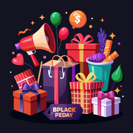 Black Friday sale banner with gift boxes, shopping bags, and a megaphone.のイラスト素材