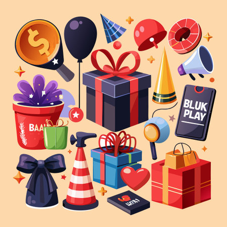 Colorful Party Supplies and Gifts on a Beige Background.のイラスト素材