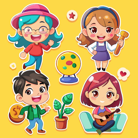 Cute cartoon characters with various hobbies, playing guitar, holding a coin, and a plant.のイラスト素材