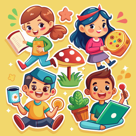 Happy cartoon children playing and reading.のイラスト素材