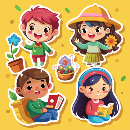 Four cute cartoon children with a yellow background, one holding a flower, another holding a book, one planting a flower, and the last one reading a book.のイラスト素材