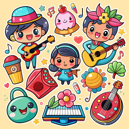 Cute cartoon characters playing music with colorful accessories.のイラスト素材