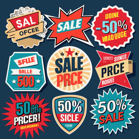 Collection of colorful sale and discount badges in comic book style.のイラスト素材