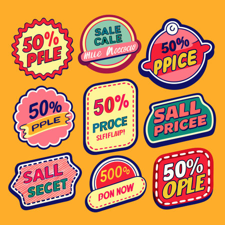 Nine colorful stickers with discount offers.のイラスト素材