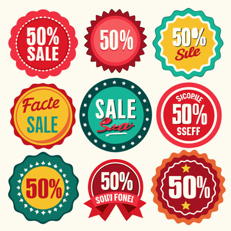 Nine 50% off sale badges in different colors, shapes and styles.のイラスト素材